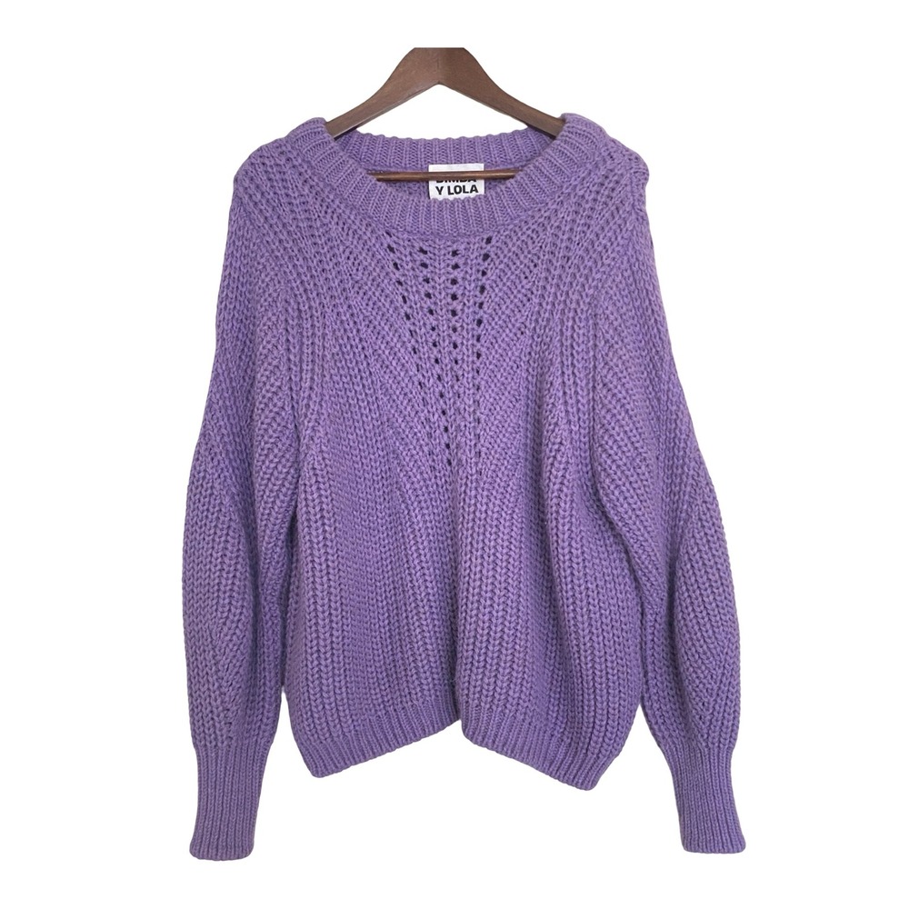 Bimba Y Lola Women Sweater L Purple Chunky Knit Wool Blend Pointelle Chevron
